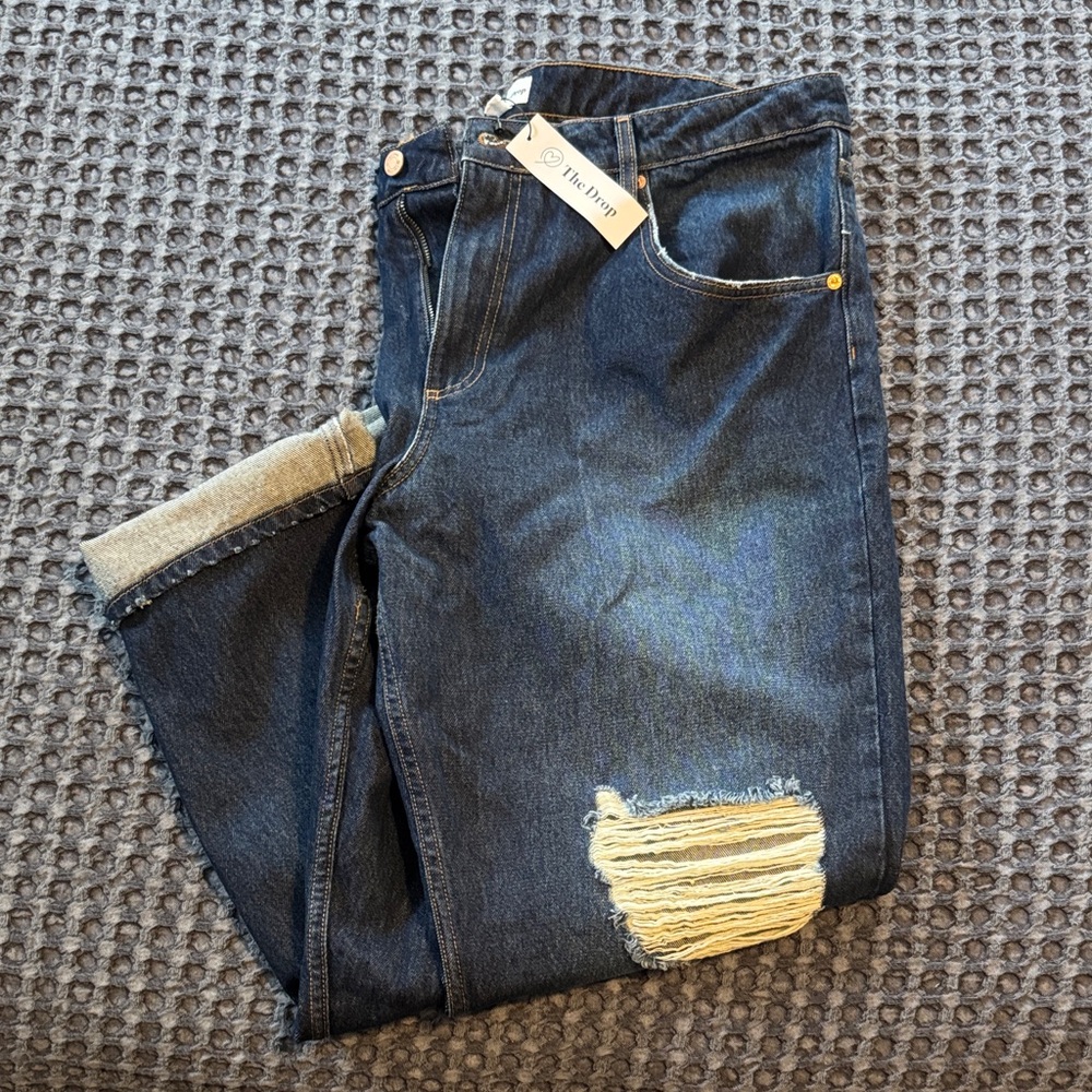 The Drop Dark Blue Straight Leg Jeans with Distressed Patch